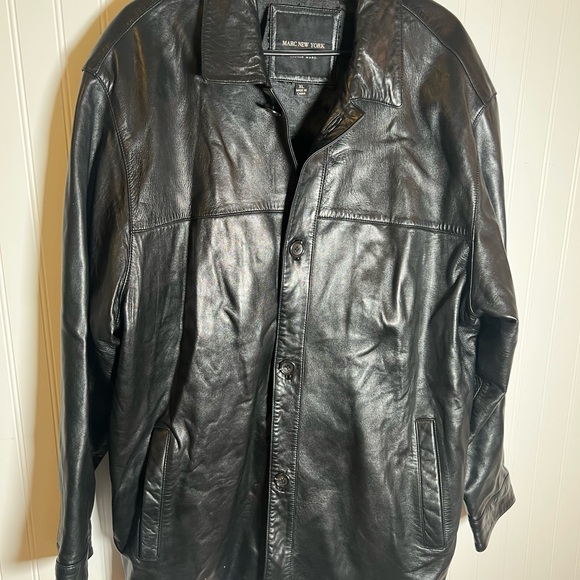Marc New York Black Leather Overcoat classy All Season Buttoned Soft Size XL